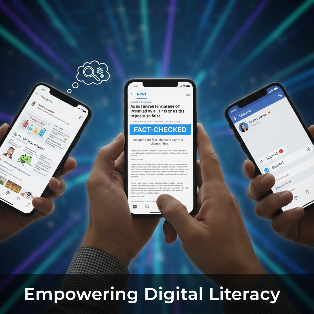 Smartphones displaying fact-checked content and critical user engagement