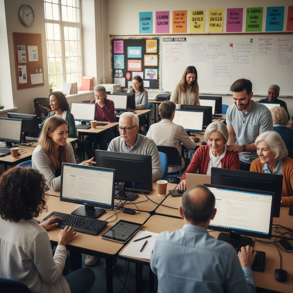Volunteers teaching digital literacy to community members in a classroom setting.