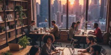 Diverse digital nomads collaborating in a modern US co-working space