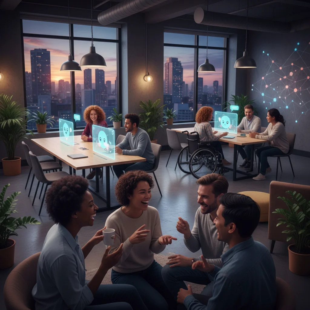 People engaging with AI companions and in-person, illustrating the evolving landscape of social interaction.