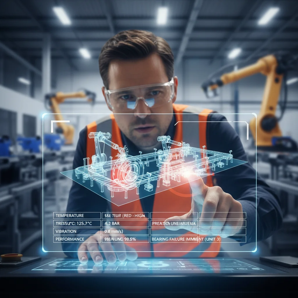 Engineer analyzing digital twin data on a tablet for predictive maintenance