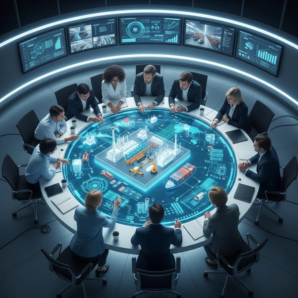 Cross-functional team collaborating on digital twin for supply chain optimization