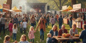 Diverse community festival in a park, symbolizing strong local ties and post-pandemic connection.