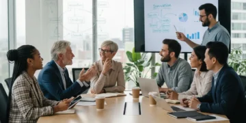 Diverse professionals collaborating in a modern office, bridging generational communication gaps.