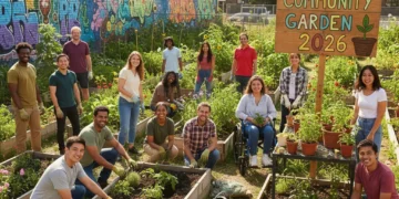 Diverse volunteers working in a community garden, symbolizing US volunteerism trends 2026.