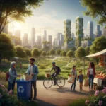 People adopting eco-conscious lifestyles in a modern, sustainable urban environment.