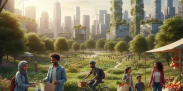 People adopting eco-conscious lifestyles in a modern, sustainable urban environment.
