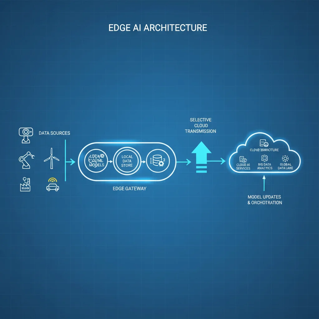 Architectural diagram of an Edge AI system showing data flow from IoT to cloud.