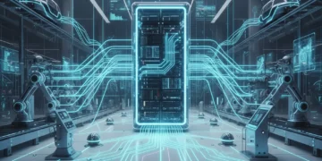 Futuristic network showing data flowing from central server to diverse edge devices, symbolizing Edge AI adoption.