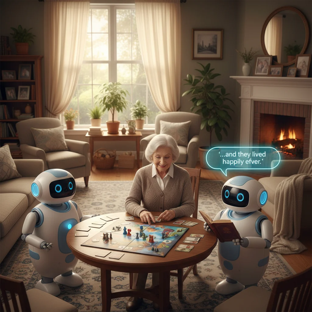 Elderly individual interacting with a friendly companion robot, showing care and assistance in a home.