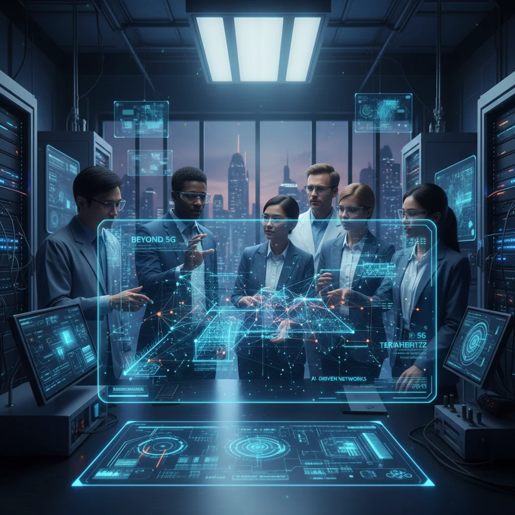 Engineers collaborating on holographic display for beyond 5G network development