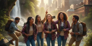 Diverse young adults enjoying outdoor experiences, embodying experiential wealth