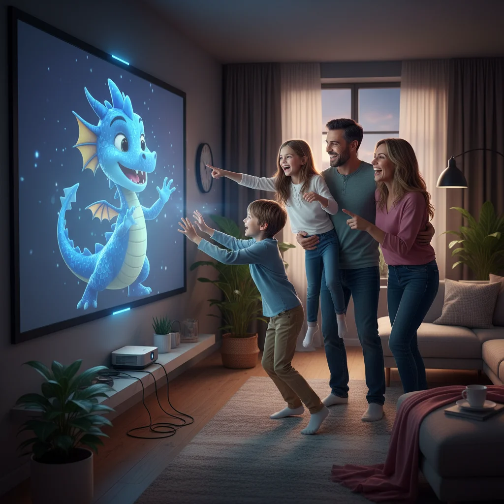 Family enjoying interactive augmented reality game at home