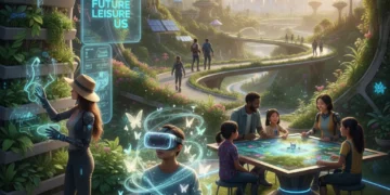 Diverse individuals enjoying modern leisure activities, blending technology, nature, and community.