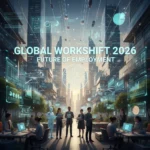 Future of Work 2026: 5 Key Trends Reshaping U.S. Employment Futuristic cityscape with digital overlays, representing the evolving future of work and employment in 2026.