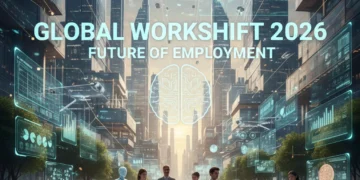 Futuristic cityscape with digital overlays, representing the evolving future of work and employment in 2026.