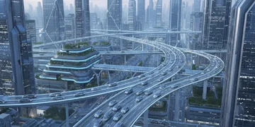 Autonomous vehicles on a futuristic city highway at dusk, showcasing advanced technology and seamless integration.
