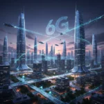 Futuristic city with glowing data lines representing advanced 6G connectivity in the US by 2028