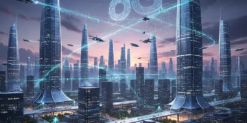 Futuristic city with glowing data lines representing advanced 6G connectivity in the US by 2028