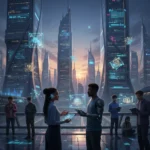 Futuristic cityscape with people interacting, AI interfaces glowing in the background, symbolizing AI's integration into daily life and human connection.