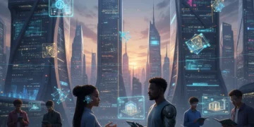 Futuristic cityscape with people interacting, AI interfaces glowing in the background, symbolizing AI's integration into daily life and human connection.