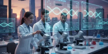 Scientists working with advanced gene editing technology in a futuristic lab.