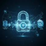 Futuristic padlock securing hybrid cloud data flows across the US map