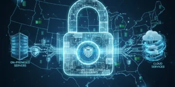Futuristic padlock securing hybrid cloud data flows across the US map