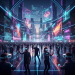 Immersive Entertainment: US Trends & Future by 2028 Futuristic entertainment venue with people using VR and AR technology