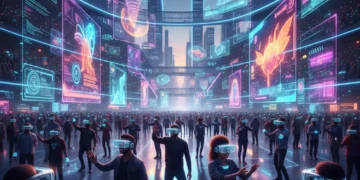 Futuristic entertainment venue with people using VR and AR technology