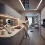 Humanoid robot assisting in a futuristic smart kitchen, representing household robotics applications.