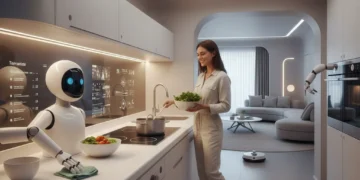 Humanoid robot assisting in a futuristic smart kitchen, representing household robotics applications.