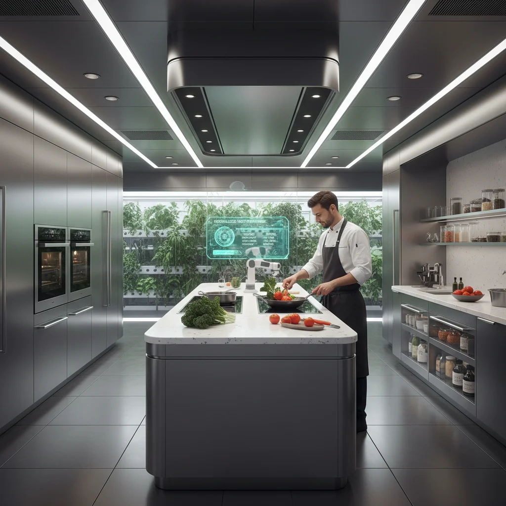 Futuristic kitchen emphasizing personalized nutrition and smart cooking