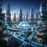 Futuristic smart city skyline with glowing digital networks and sustainable infrastructure.