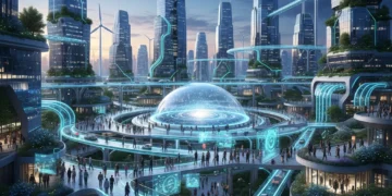 Futuristic smart city skyline with glowing digital networks and sustainable infrastructure.