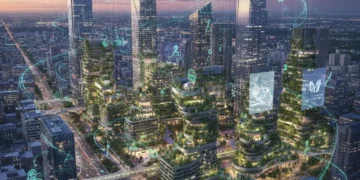 Futuristic urban landscape with green spaces, interconnected buildings, and digital elements, representing advanced community interaction in US cities 2026.