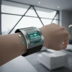 Wearable Tech 2026: Health Monitoring Innovations for US Consumers Futuristic wearable device monitoring health data on a wrist