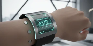 Futuristic wearable device monitoring health data on a wrist