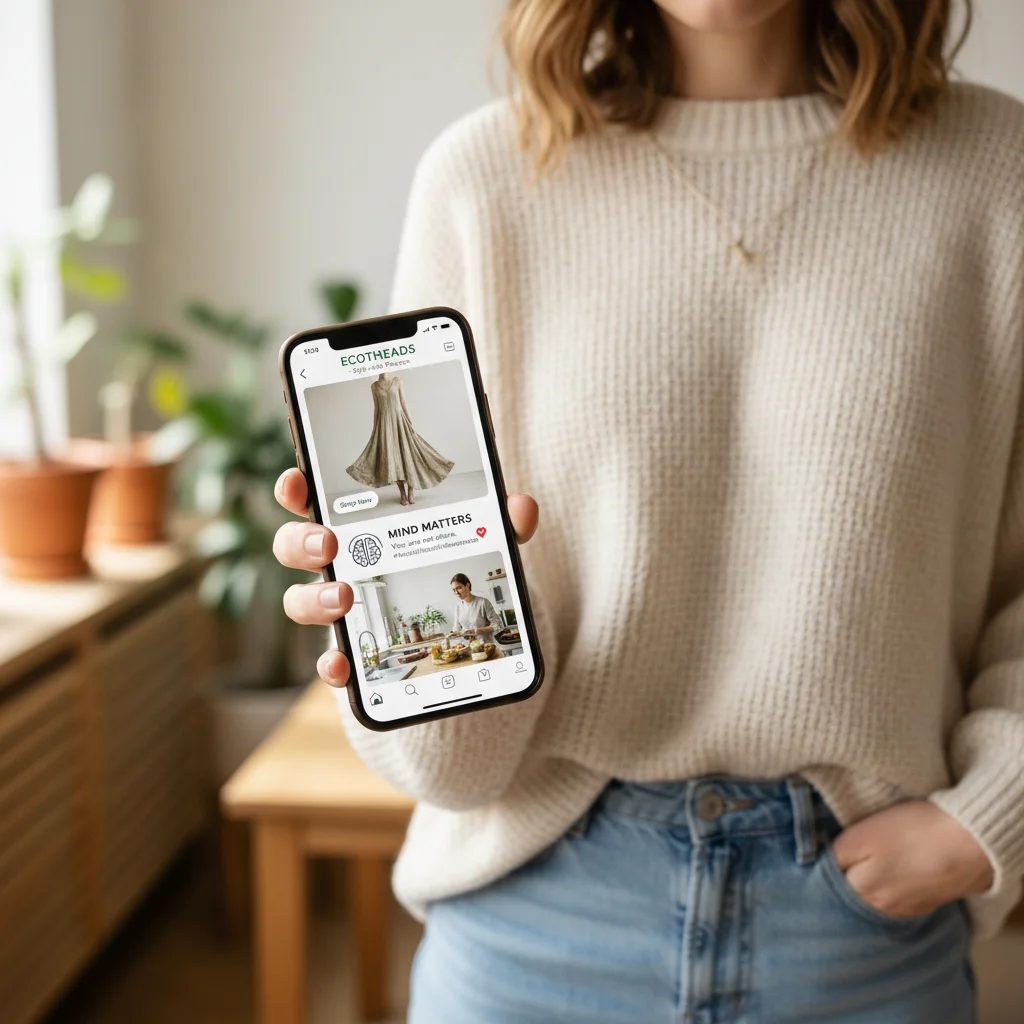 Smartphone displaying diverse social media content and ethical consumerism