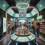 Gen Z consumers engaging with technology and sustainable products in a modern retail environment, symbolizing future trends.