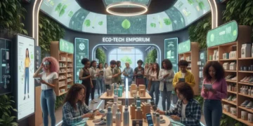 Gen Z consumers engaging with technology and sustainable products in a modern retail environment, symbolizing future trends.