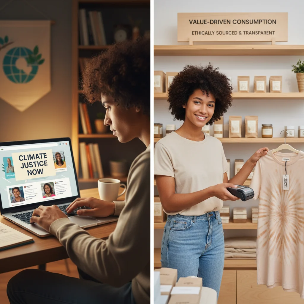 Gen Z embracing social activism and making ethical purchasing decisions, demonstrating value-driven consumption.