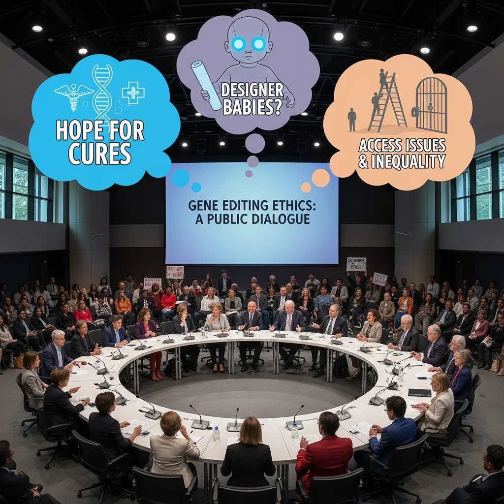 Citizens debating the ethical and societal implications of gene editing technology.