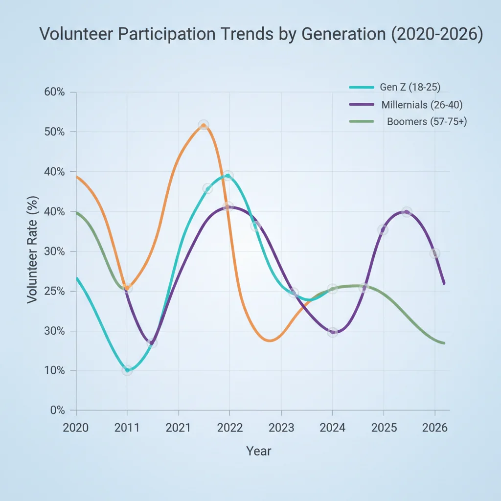 Graph illustrating generational volunteerism rates and shifts from 2020 to 2026.
