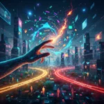 Human hand interacting with glowing AI-generated content, representing ethical considerations for future content creators.