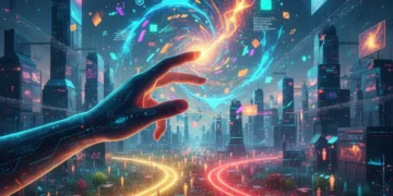 Human hand interacting with glowing AI-generated content, representing ethical considerations for future content creators.