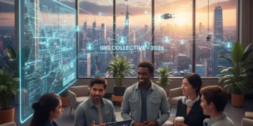 Gig workers collaborating in modern co-working space