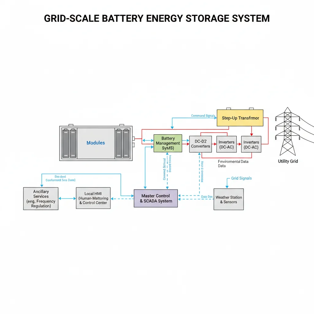 Diagram of grid-scale battery energy storage system components