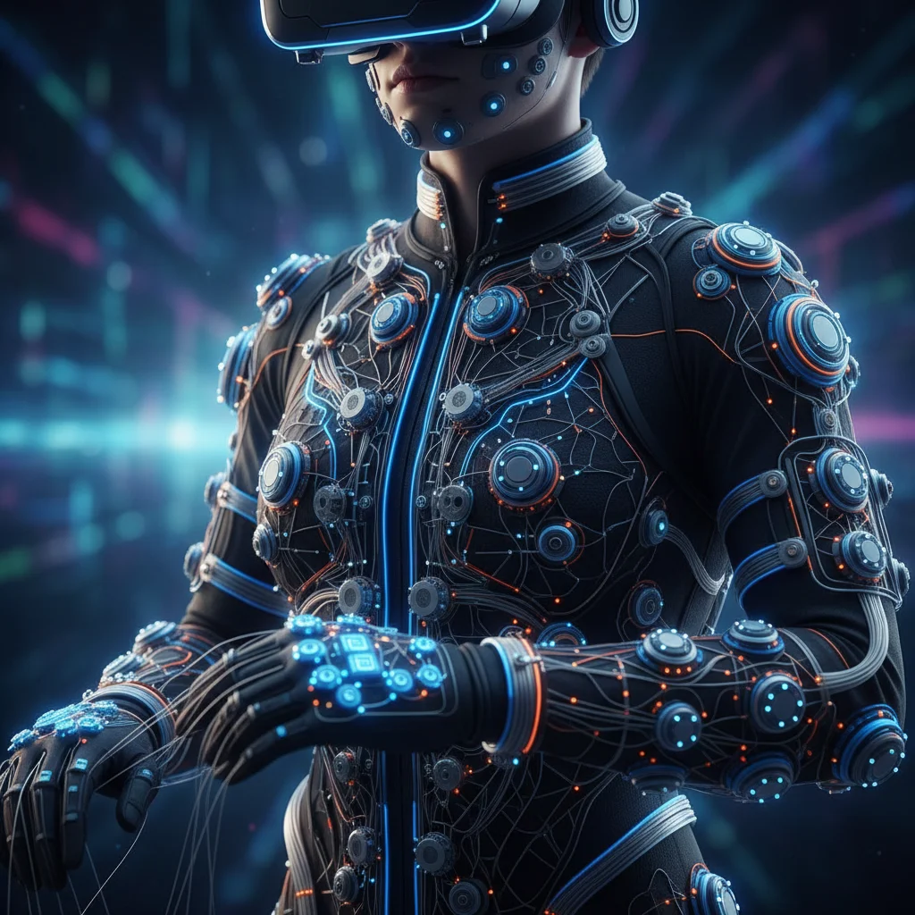 Person wearing advanced haptic feedback suit for virtual reality
