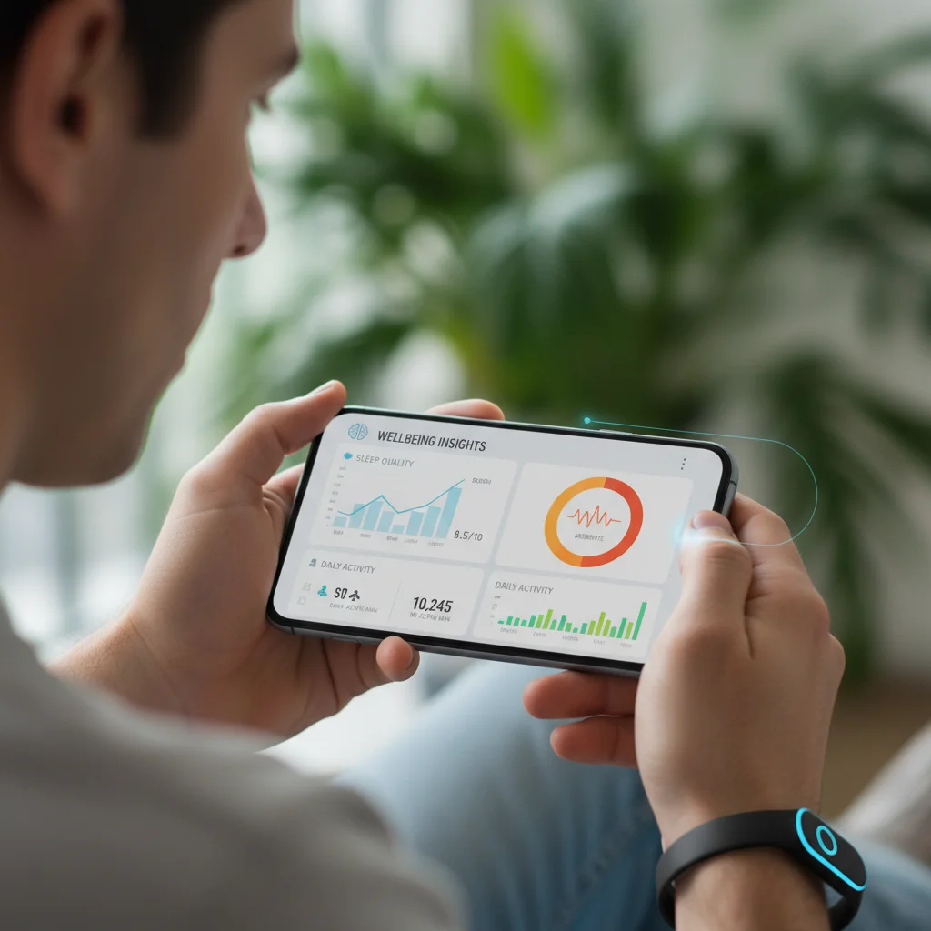 Person analyzing health data on a smartphone from a wearable device